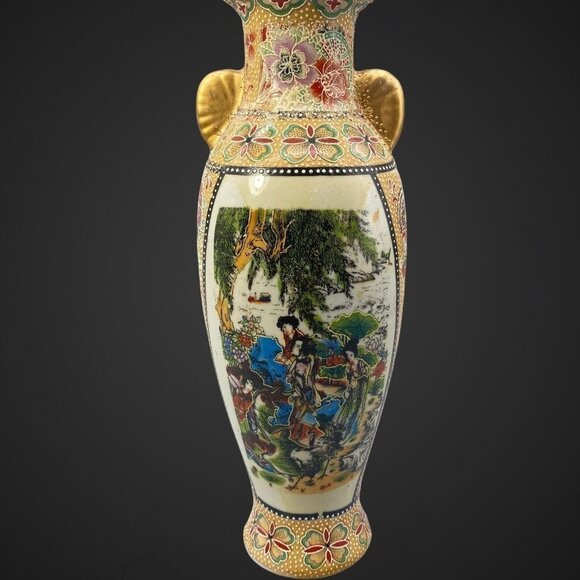 Vintage Oriental Chinese Vase Handled Enameled Art Pottery Vase 8”T 2”W - Picture 5 of 8